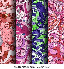 Set of tracery colorful seamless patterns. Vertical stripes. Curved doodling backgrounds for textile or printing with mehndi and ethnic motives. Vector
