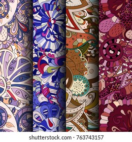 Set of tracery colorful seamless patterns. Vertical stripes. Curved doodling backgrounds for textile or printing with mehndi and ethnic motives. Vector