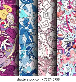 Set of tracery colorful seamless patterns. Vertical stripes. Curved doodling backgrounds for textile or printing with mehndi and ethnic motives. Vector