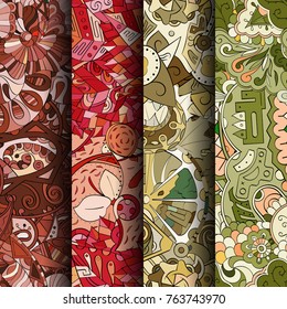 Set of tracery colorful seamless patterns. Vertical stripes. Curved doodling backgrounds for textile or printing with mehndi and ethnic motives. Vector