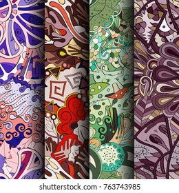 Set of tracery colorful seamless patterns. Vertical stripes. Curved doodling backgrounds for textile or printing with mehndi and ethnic motives. Vector