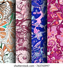 Set of tracery colorful seamless patterns. Vertical stripes. Curved doodling backgrounds for textile or printing with mehndi and ethnic motives. Vector