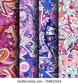Set of tracery colorful seamless patterns. Vertical stripes. Curved doodling backgrounds for textile or printing with mehndi and ethnic motives. Vector