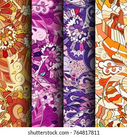 Set of tracery colorful seamless patterns. Vertical stripes. Curved doodling backgrounds for textile or printing with mehndi and ethnic motives. Vector