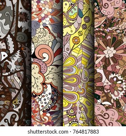 Set of tracery colorful seamless patterns. Vertical stripes. Curved doodling backgrounds for textile or printing with mehndi and ethnic motives. Vector