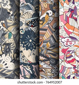 Set of tracery colorful seamless patterns. Vertical stripes. Curved doodling backgrounds for textile or printing with mehndi and ethnic motives. Vector