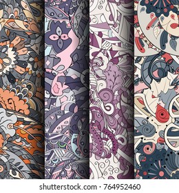 Set of tracery colorful seamless patterns. Vertical stripes. Curved doodling backgrounds for textile or printing with mehndi and ethnic motives. Vector