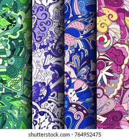 Set of tracery colorful seamless patterns. Vertical stripes. Curved doodling backgrounds for textile or printing with mehndi and ethnic motives. Vector
