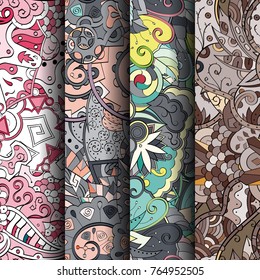 Set of tracery colorful seamless patterns. Vertical stripes. Curved doodling backgrounds for textile or printing with mehndi and ethnic motives. Vector