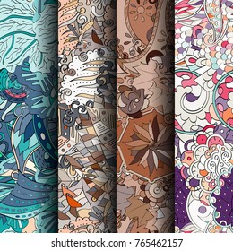 Set of tracery colorful seamless patterns. Vertical stripes. Curved doodling backgrounds for textile or printing with mehndi and ethnic motives. Vector