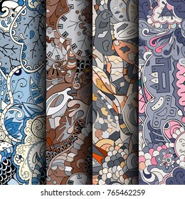 Set of tracery colorful seamless patterns. Vertical stripes. Curved doodling backgrounds for textile or printing with mehndi and ethnic motives. Vector