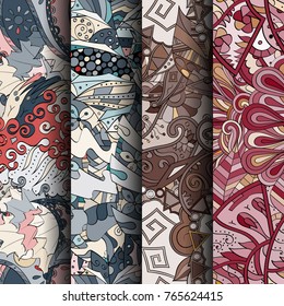 Set of tracery colorful seamless patterns. Vertical stripes. Curved doodling backgrounds for textile or printing with mehndi and ethnic motives. Vector