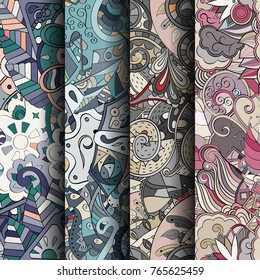 Set of tracery colorful seamless patterns. Vertical stripes. Curved doodling backgrounds for textile or printing with mehndi and ethnic motives. Vector