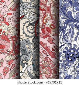 Set of tracery colorful seamless patterns. Vertical stripes. Curved doodling backgrounds for textile or printing with mehndi and ethnic motives. Vector