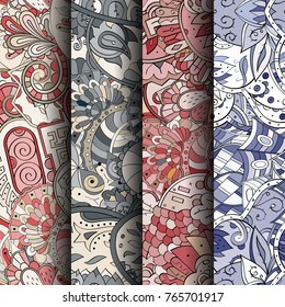 Set of tracery colorful seamless patterns. Vertical stripes. Curved doodling backgrounds for textile or printing with mehndi and ethnic motives. Vector