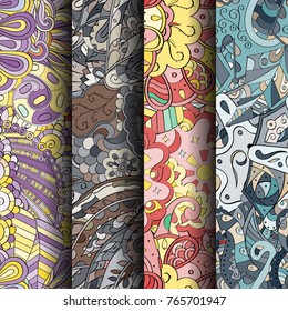 Set of tracery colorful seamless patterns. Vertical stripes. Curved doodling backgrounds for textile or printing with mehndi and ethnic motives. Vector