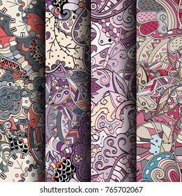 Set of tracery colorful seamless patterns. Vertical stripes. Curved doodling backgrounds for textile or printing with mehndi and ethnic motives. Vector