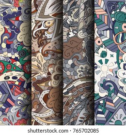 Set of tracery colorful seamless patterns. Vertical stripes. Curved doodling backgrounds for textile or printing with mehndi and ethnic motives. Vector