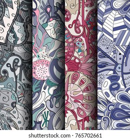 Set of tracery colorful seamless patterns. Vertical stripes. Curved doodling backgrounds for textile or printing with mehndi and ethnic motives. Vector