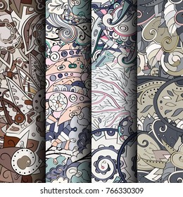 Set of tracery colorful seamless patterns. Vertical stripes. Curved doodling backgrounds for textile or printing with mehndi and ethnic motives. Vector