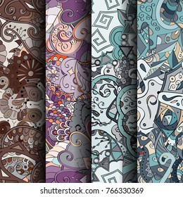 Set of tracery colorful seamless patterns. Vertical stripes. Curved doodling backgrounds for textile or printing with mehndi and ethnic motives. Vector