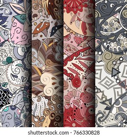 Set of tracery colorful seamless patterns. Vertical stripes. Curved doodling backgrounds for textile or printing with mehndi and ethnic motives. Vector