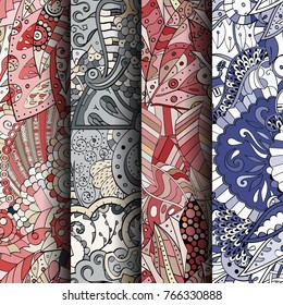 Set of tracery colorful seamless patterns. Vertical stripes. Curved doodling backgrounds for textile or printing with mehndi and ethnic motives. Vector