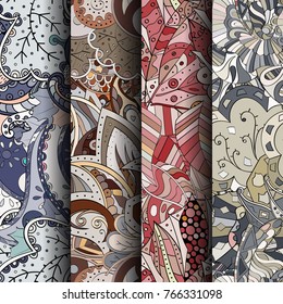 Set of tracery colorful seamless patterns. Vertical stripes. Curved doodling backgrounds for textile or printing with mehndi and ethnic motives. Vector