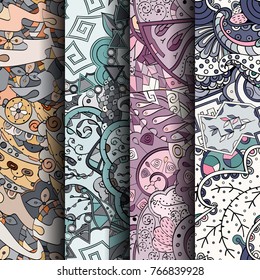 Set of tracery colorful seamless patterns. Vertical stripes. Curved doodling backgrounds for textile or printing with mehndi and ethnic motives. Vector