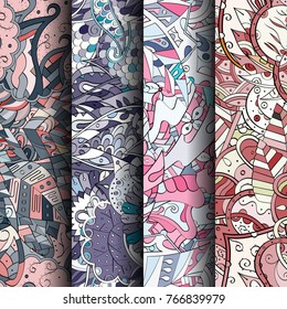 Set of tracery colorful seamless patterns. Vertical stripes. Curved doodling backgrounds for textile or printing with mehndi and ethnic motives. Vector