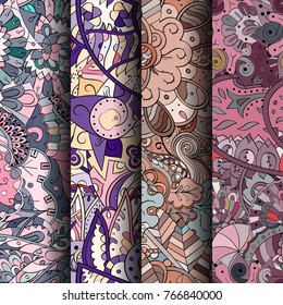 Set of tracery colorful seamless patterns. Vertical stripes. Curved doodling backgrounds for textile or printing with mehndi and ethnic motives. Vector