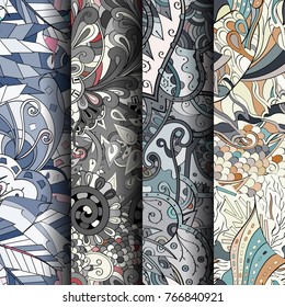 Set of tracery colorful seamless patterns. Vertical stripes. Curved doodling backgrounds for textile or printing with mehndi and ethnic motives. Vector