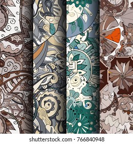 Set of tracery colorful seamless patterns. Vertical stripes. Curved doodling backgrounds for textile or printing with mehndi and ethnic motives. Vector