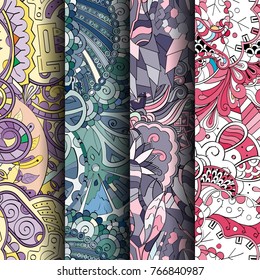 Set of tracery colorful seamless patterns. Vertical stripes. Curved doodling backgrounds for textile or printing with mehndi and ethnic motives. Vector