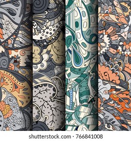 Set of tracery colorful seamless patterns. Vertical stripes. Curved doodling backgrounds for textile or printing with mehndi and ethnic motives. Vector