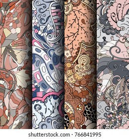 Set of tracery colorful seamless patterns. Vertical stripes. Curved doodling backgrounds for textile or printing with mehndi and ethnic motives. Vector