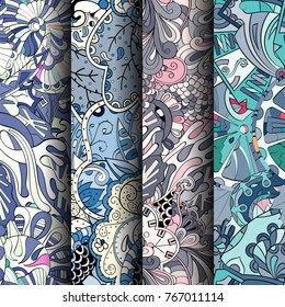 Set of tracery colorful seamless patterns. Vertical stripes. Curved doodling backgrounds for textile or printing with mehndi and ethnic motives. Vector