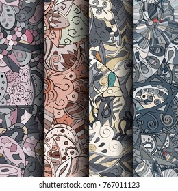 Set of tracery colorful seamless patterns. Vertical stripes. Curved doodling backgrounds for textile or printing with mehndi and ethnic motives. Vector