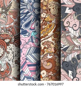 Set of tracery colorful seamless patterns. Vertical stripes. Curved doodling backgrounds for textile or printing with mehndi and ethnic motives. Vector