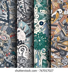 Set of tracery colorful seamless patterns. Vertical stripes. Curved doodling backgrounds for textile or printing with mehndi and ethnic motives. Vector