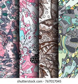 Set of tracery colorful seamless patterns. Vertical stripes. Curved doodling backgrounds for textile or printing with mehndi and ethnic motives. Vector