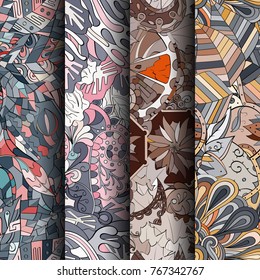 Set of tracery colorful seamless patterns. Vertical stripes. Curved doodling backgrounds for textile or printing with mehndi and ethnic motives. Vector