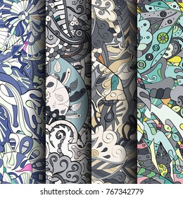 Set of tracery colorful seamless patterns. Vertical stripes. Curved doodling backgrounds for textile or printing with mehndi and ethnic motives. Vector