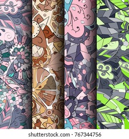 Set of tracery colorful seamless patterns. Vertical stripes. Curved doodling backgrounds for textile or printing with mehndi and ethnic motives. Vector