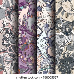 Set of tracery colorful seamless patterns. Vertical stripes. Curved doodling backgrounds for textile or printing with mehndi and ethnic motives. Vector
