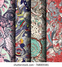 Set of tracery colorful seamless patterns. Vertical stripes. Curved doodling backgrounds for textile or printing with mehndi and ethnic motives. Vector