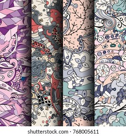 Set of tracery colorful seamless patterns. Vertical stripes. Curved doodling backgrounds for textile or printing with mehndi and ethnic motives. Vector