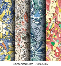 Set of tracery colorful seamless patterns. Vertical stripes. Curved doodling backgrounds for textile or printing with mehndi and ethnic motives. Vector