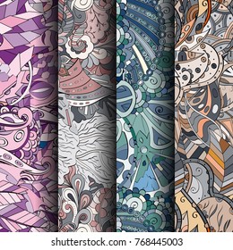 Set of tracery colorful seamless patterns. Vertical stripes. Curved doodling backgrounds for textile or printing with mehndi and ethnic motives. Vector