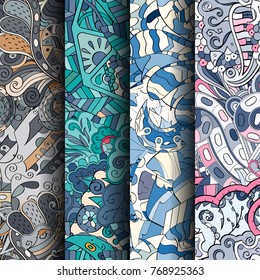 Set of tracery colorful seamless patterns. Vertical stripes. Curved doodling backgrounds for textile or printing with mehndi and ethnic motives. Vector